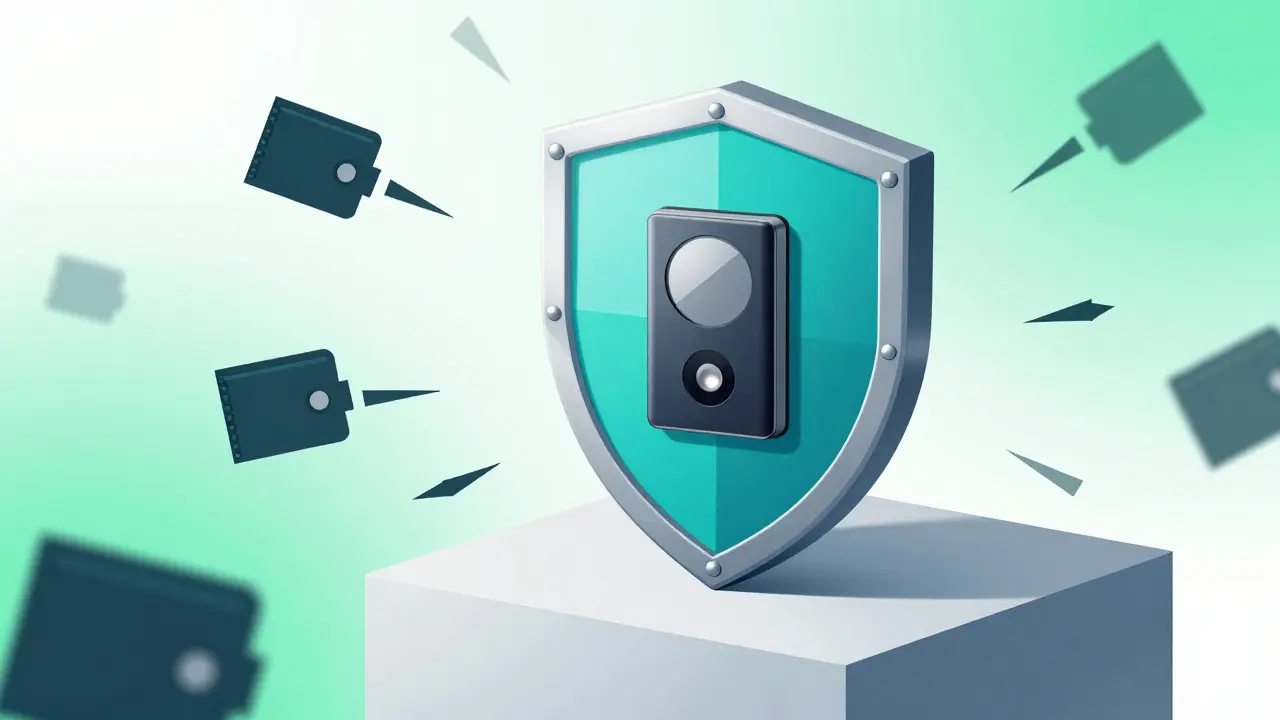 Geometric shield protecting hardware wallet from scam attacks