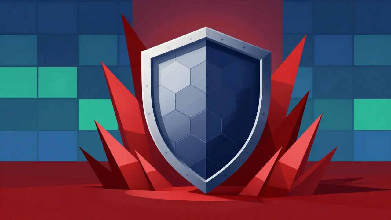 Hexagonal shield protecting against jagged red shards in geometric art style
