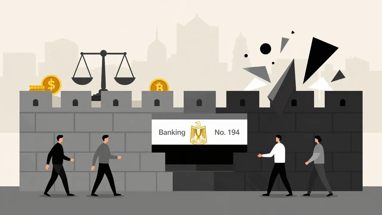 Illustration of regulatory walls blocking access to cryptocurrency markets in Egypt.