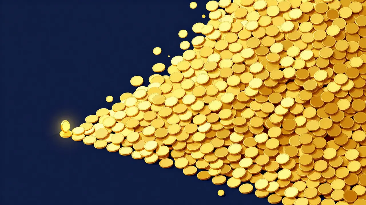 Illustration showing a tiny coin versus a massive cascade of many coins.