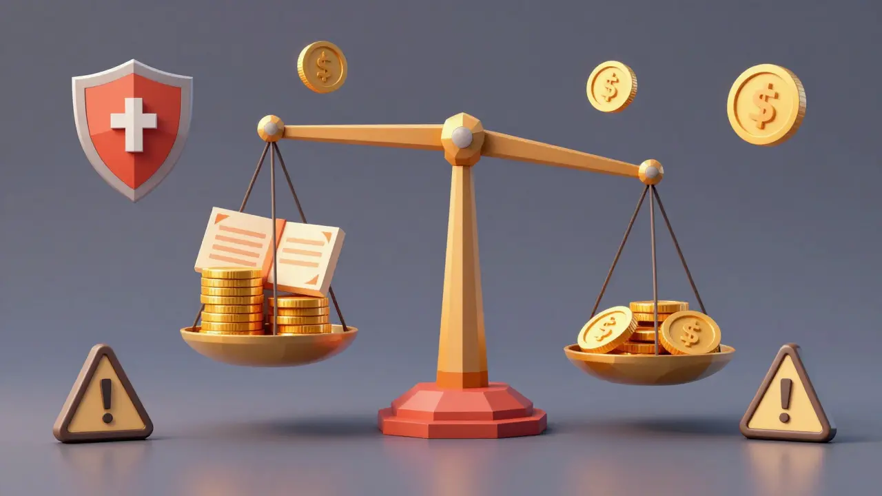 Low-poly illustration of a balance scale weighing physical assets against digital tokens and risks.