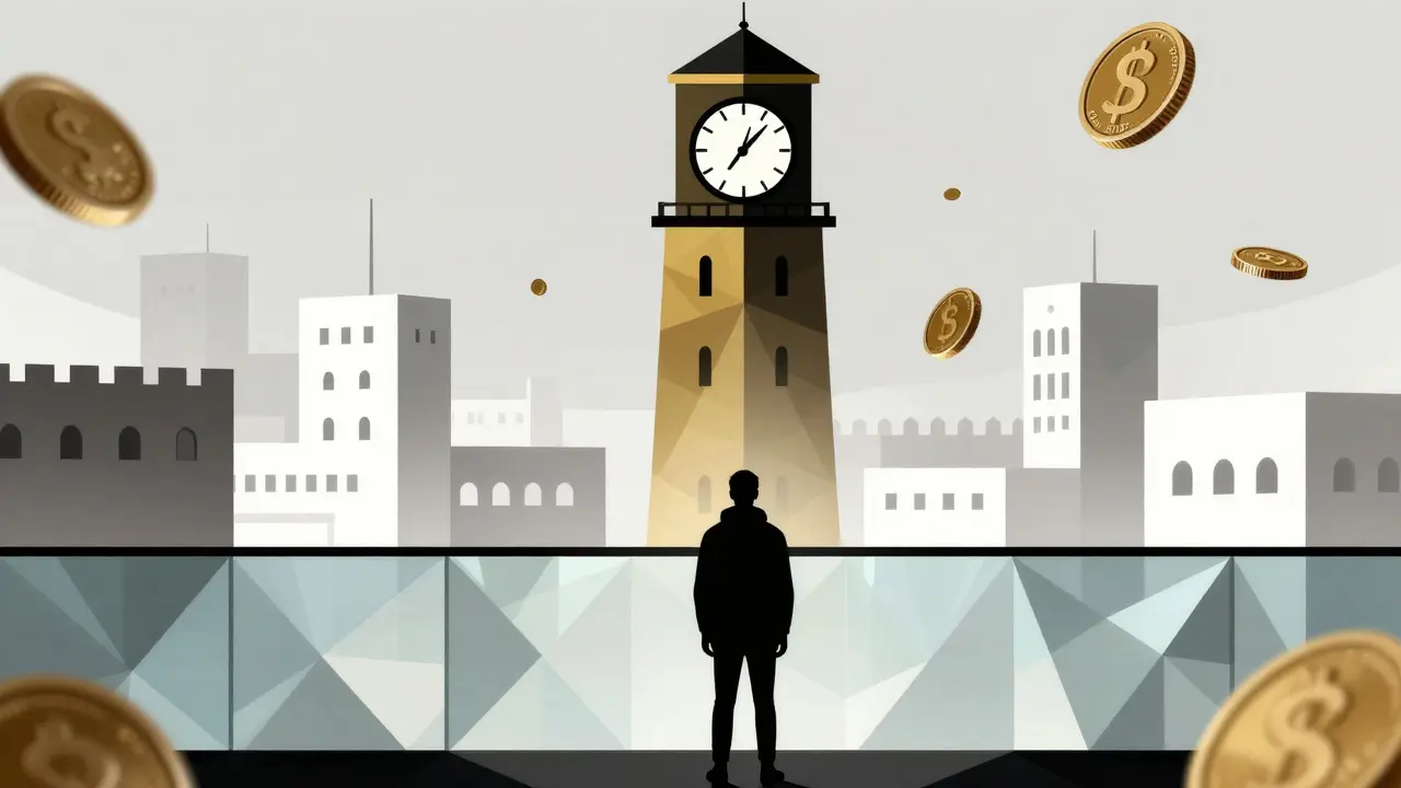 Person behind geometric glass wall watching unreachable crypto coins