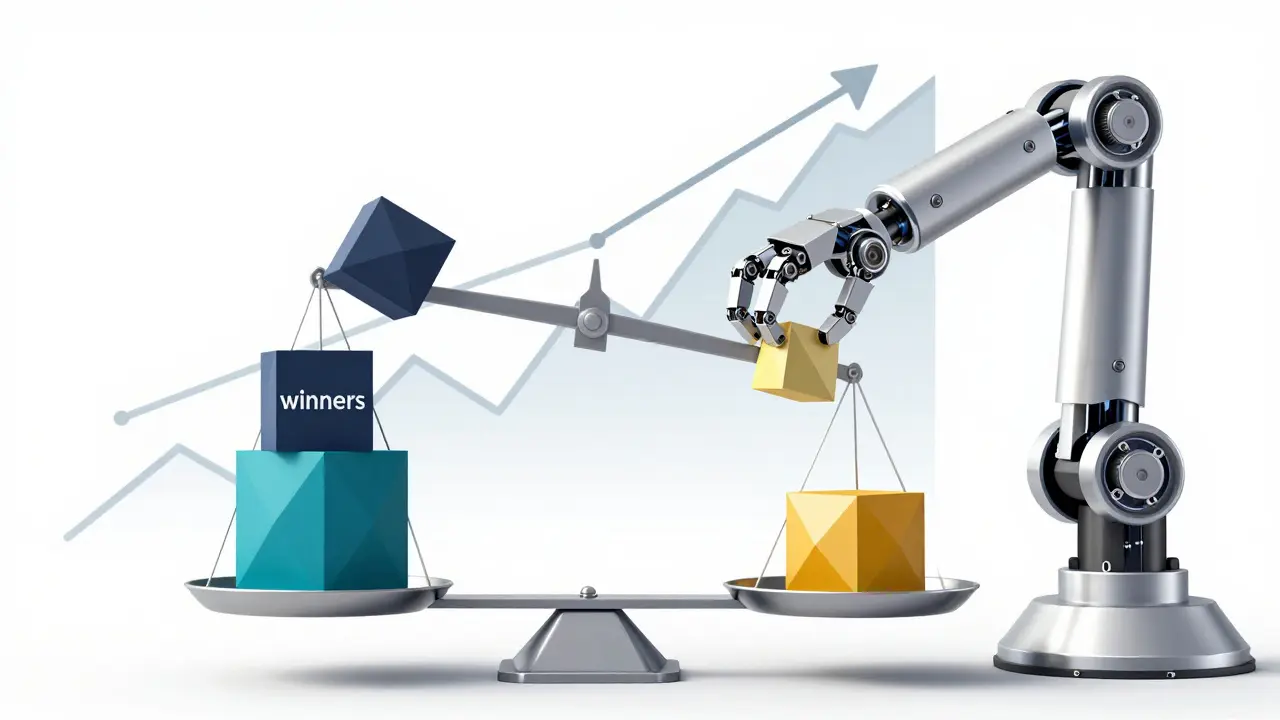 Robotic hand balancing assets on a scale against a growth chart