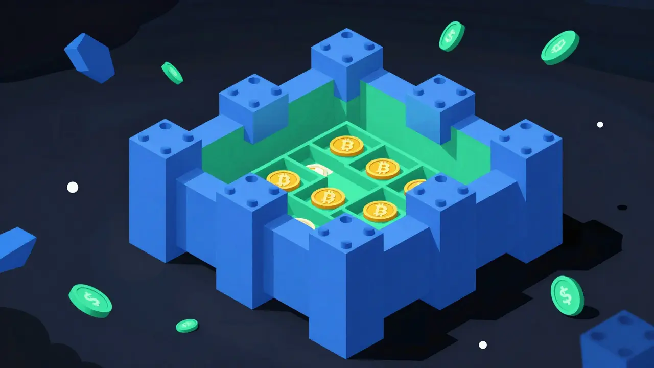 Secure geometric fortress protecting digital assets, contrasting with chaotic loss.