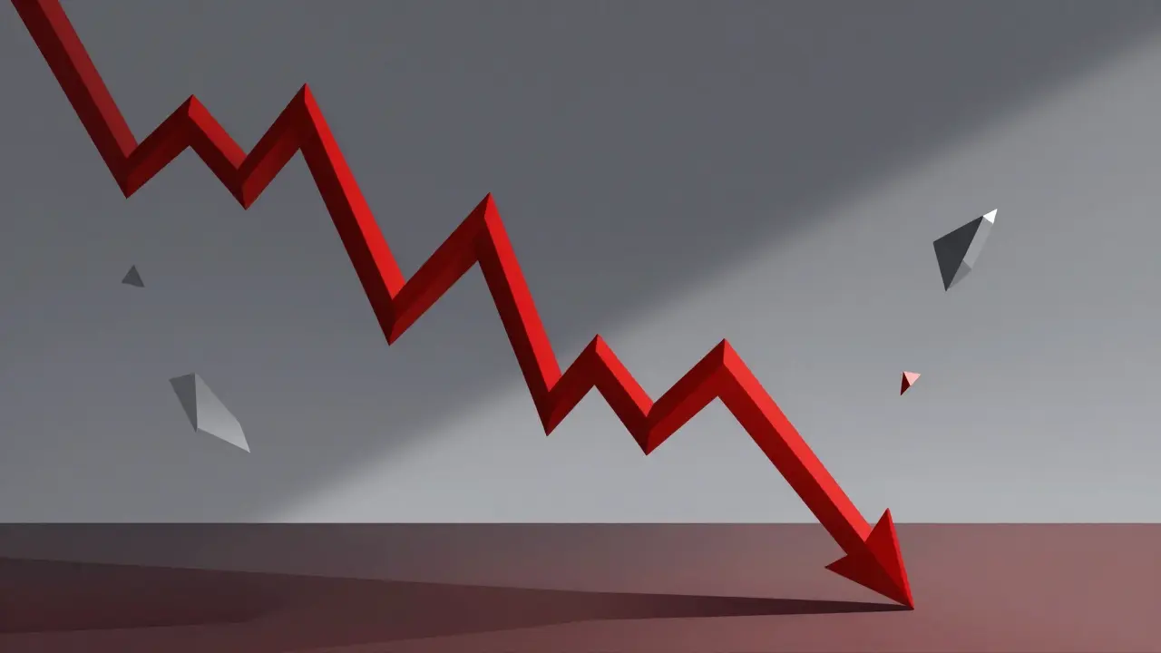 Sharp red geometric shards forming a downward crashing graph line.