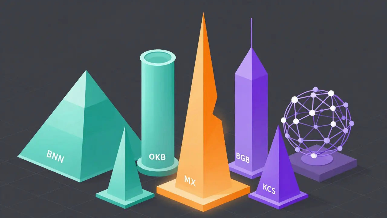 Six geometric towers representing major exchange token brands