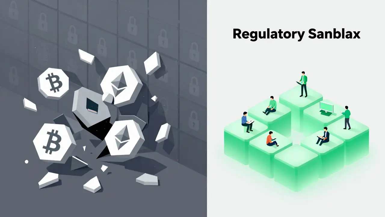 Split geometric art showing banned crypto vs regulated blockchain sandbox