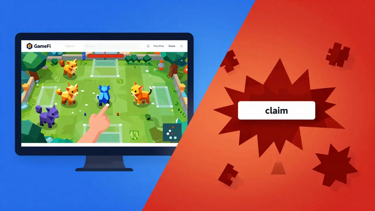 Split view showing safe game interaction vs chaotic scam traps