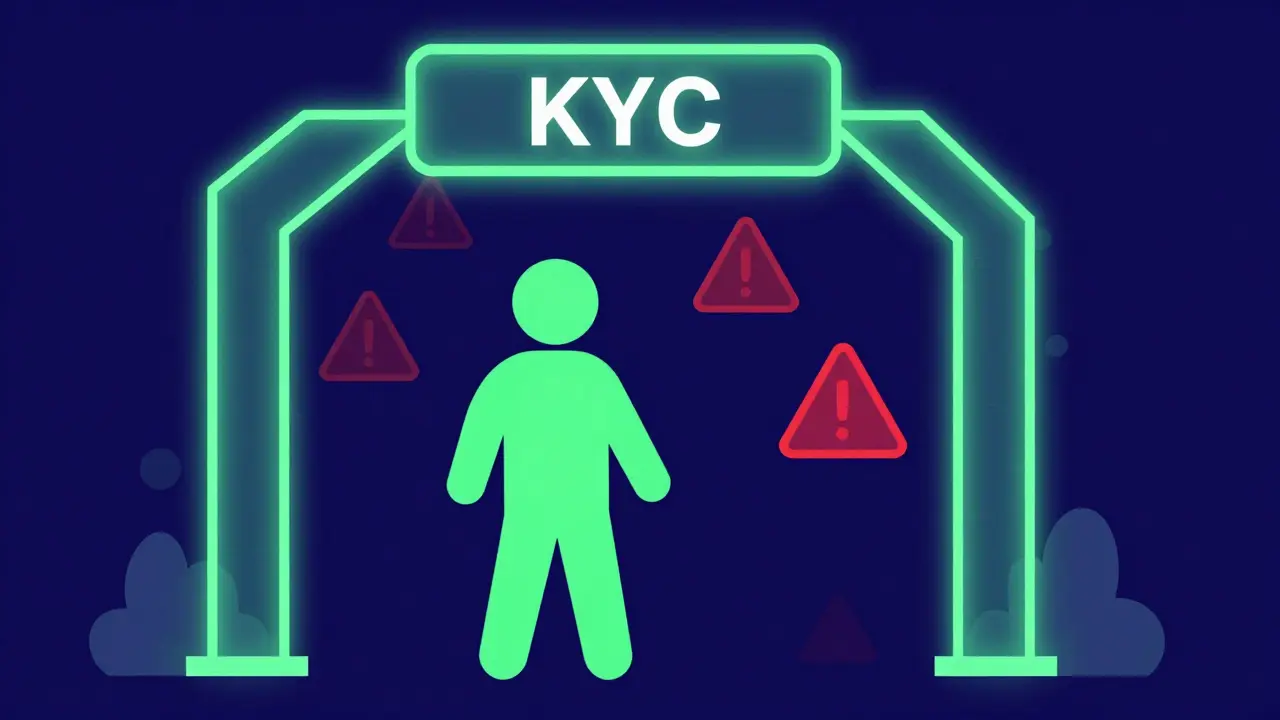 Stylized geometric art of a user accessing open DeFi gates with floating risk symbols in the background.