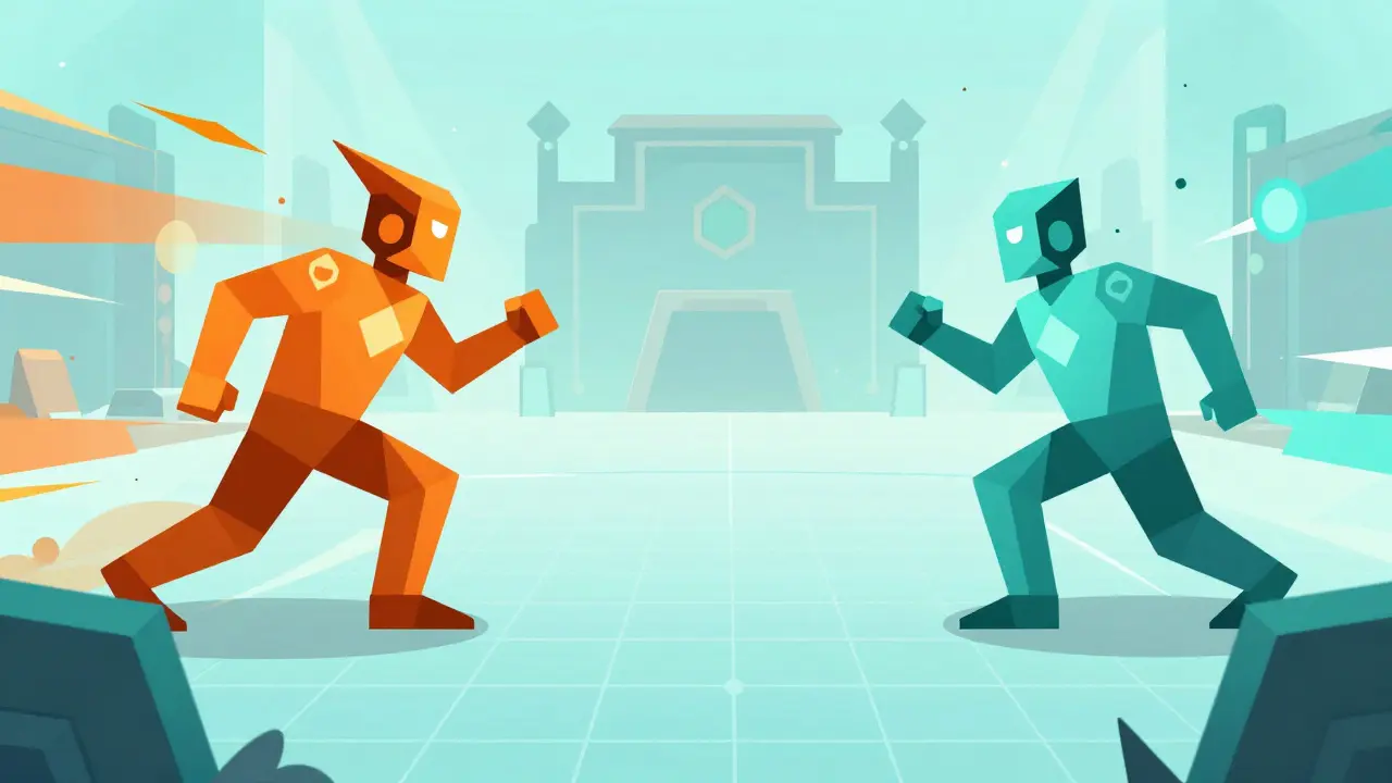 Abstract geometric art of AI agents battling in a digital arena
