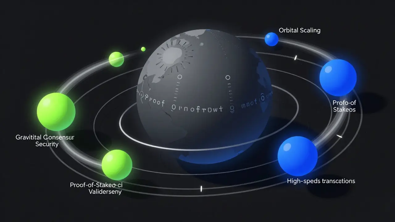 Abstract geometric art showing gravitational consensus and orbital scaling concepts