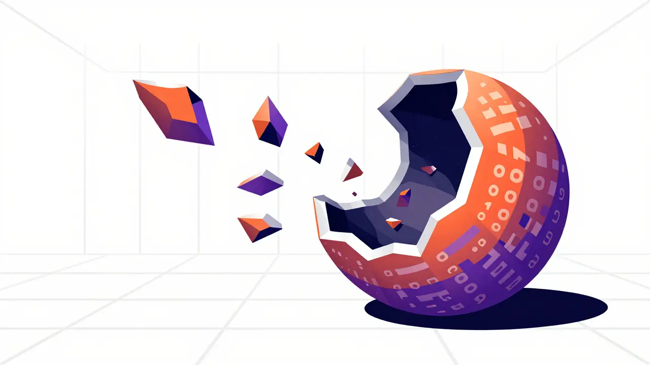 Abstract geometric art showing hollow tokens and fragmented assets in a void.