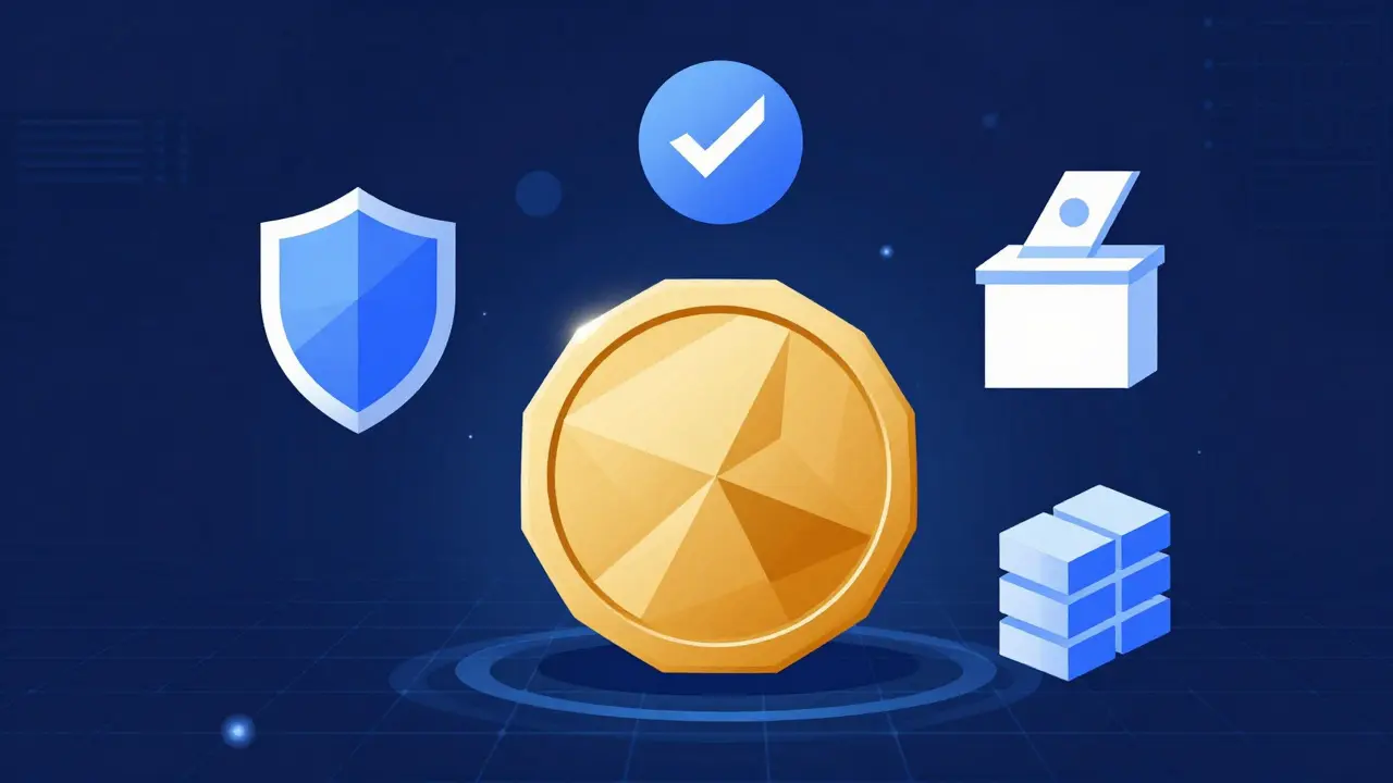 Abstract geometric coins and icons representing token utility and governance