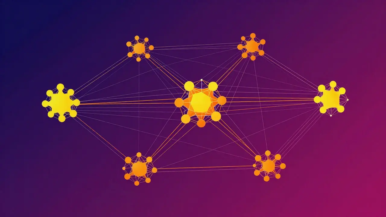 Abstract geometric network map showing clustered malicious blockchain nodes.