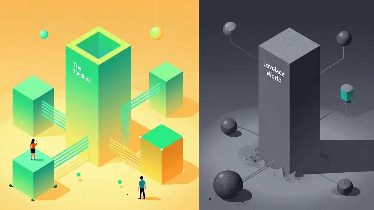 Comparison graphic contrasting vibrant active metaverses with a lonely, grey abandoned Lovelace World structure.