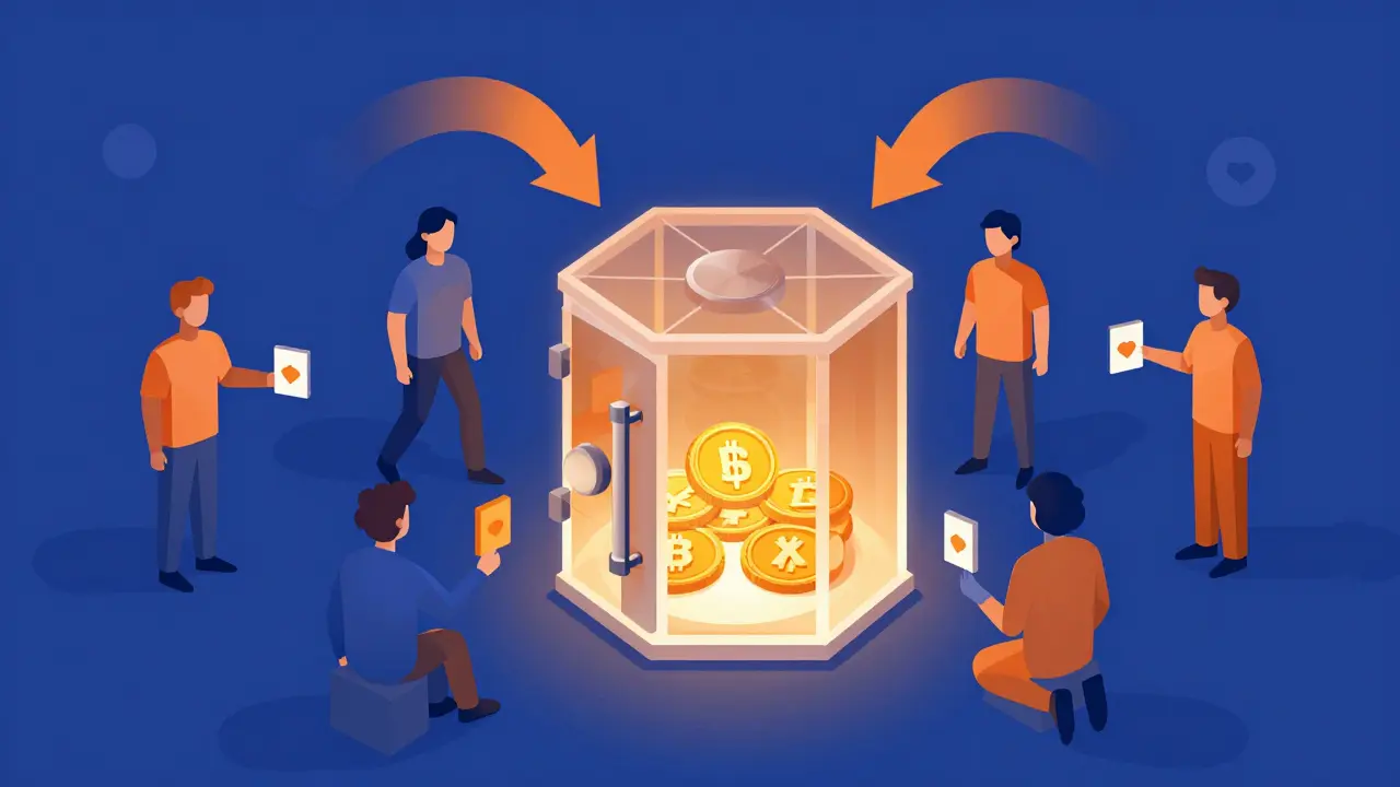 Conceptual geometric art showing tokens being locked and voted on in a secure vault