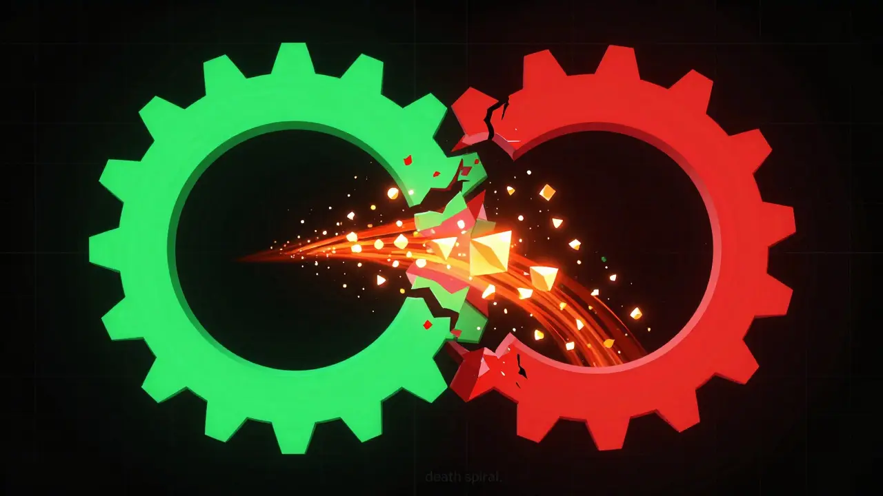 Fracturing geometric gears illustrating the UST algorithmic death spiral.