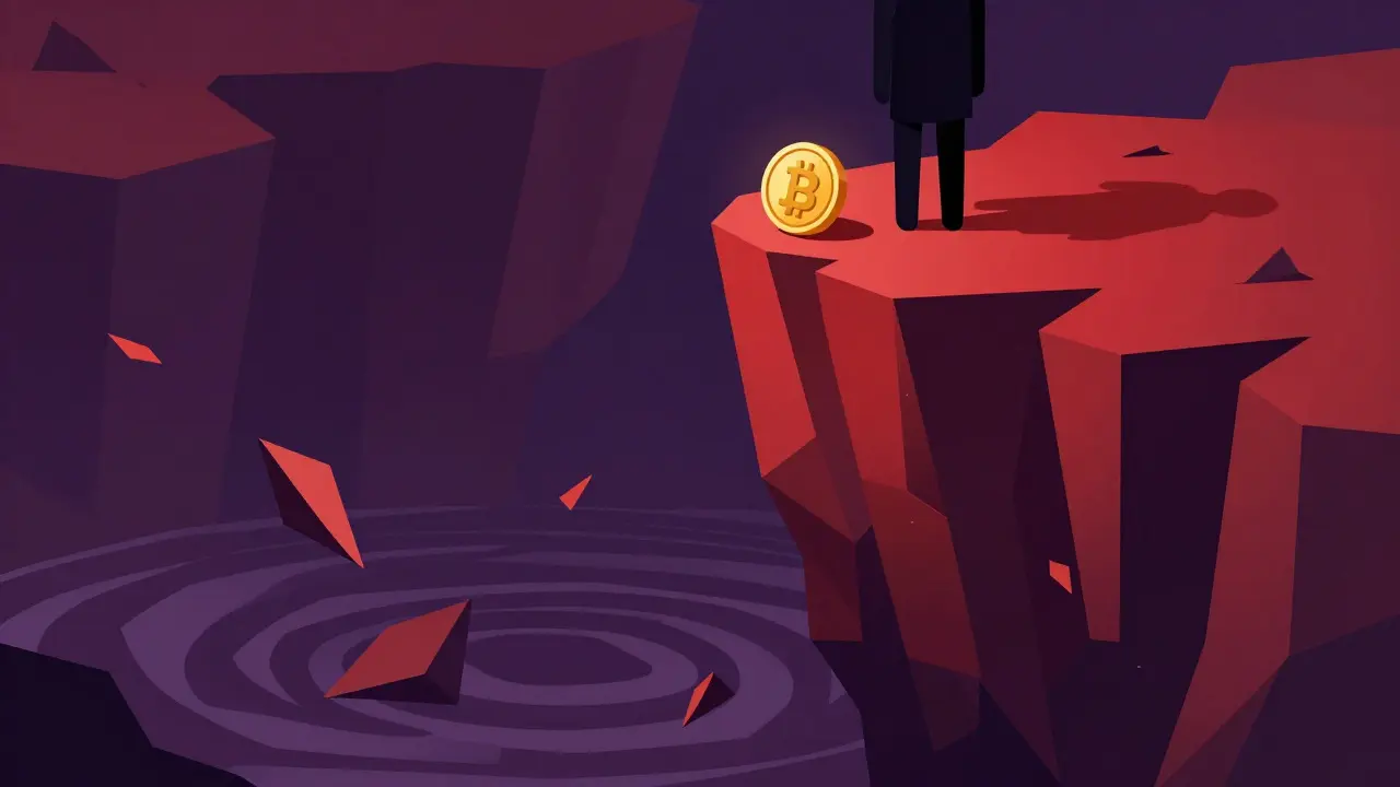 Geometric art depicting a tiny coin on a jagged cliff edge, symbolizing high risk.