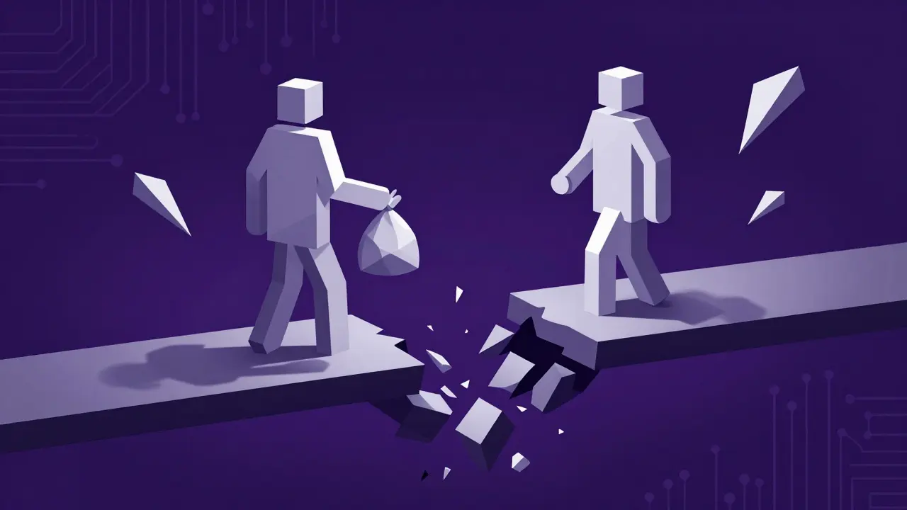 Geometric figures on a crumbling bridge illustrating P2P trading risks