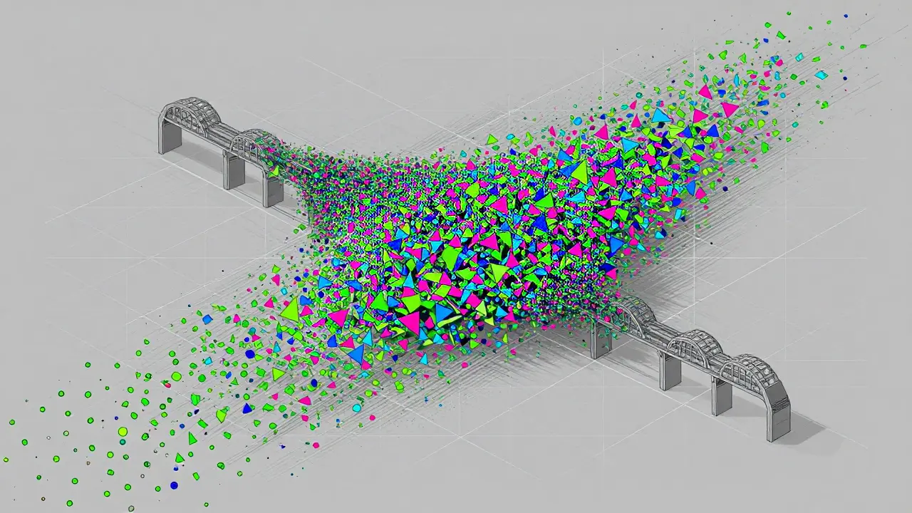Geometric illustration of chaotic transaction floods overwhelming DEX grids.