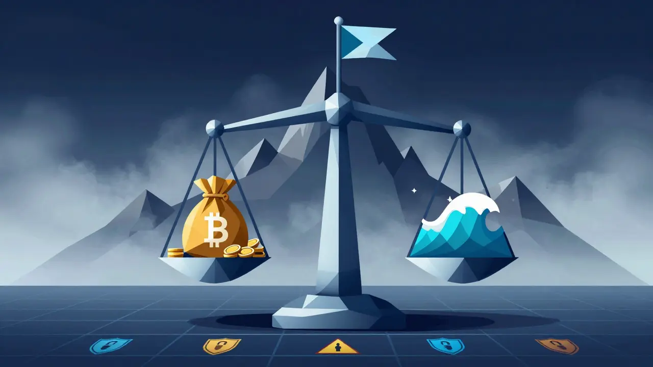 Geometric illustration of crypto investment risks and potential rewards