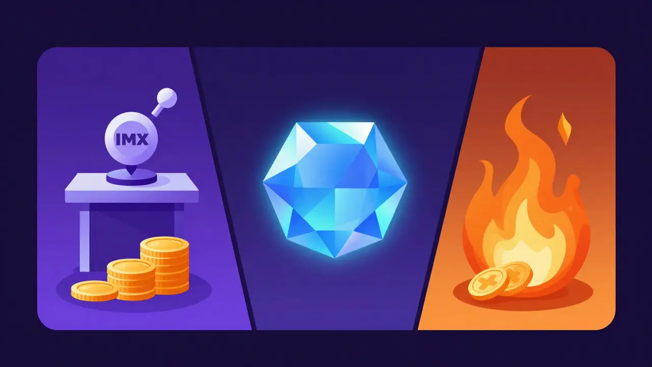 Geometric illustration of IMX token with governance, staking, and burn icons