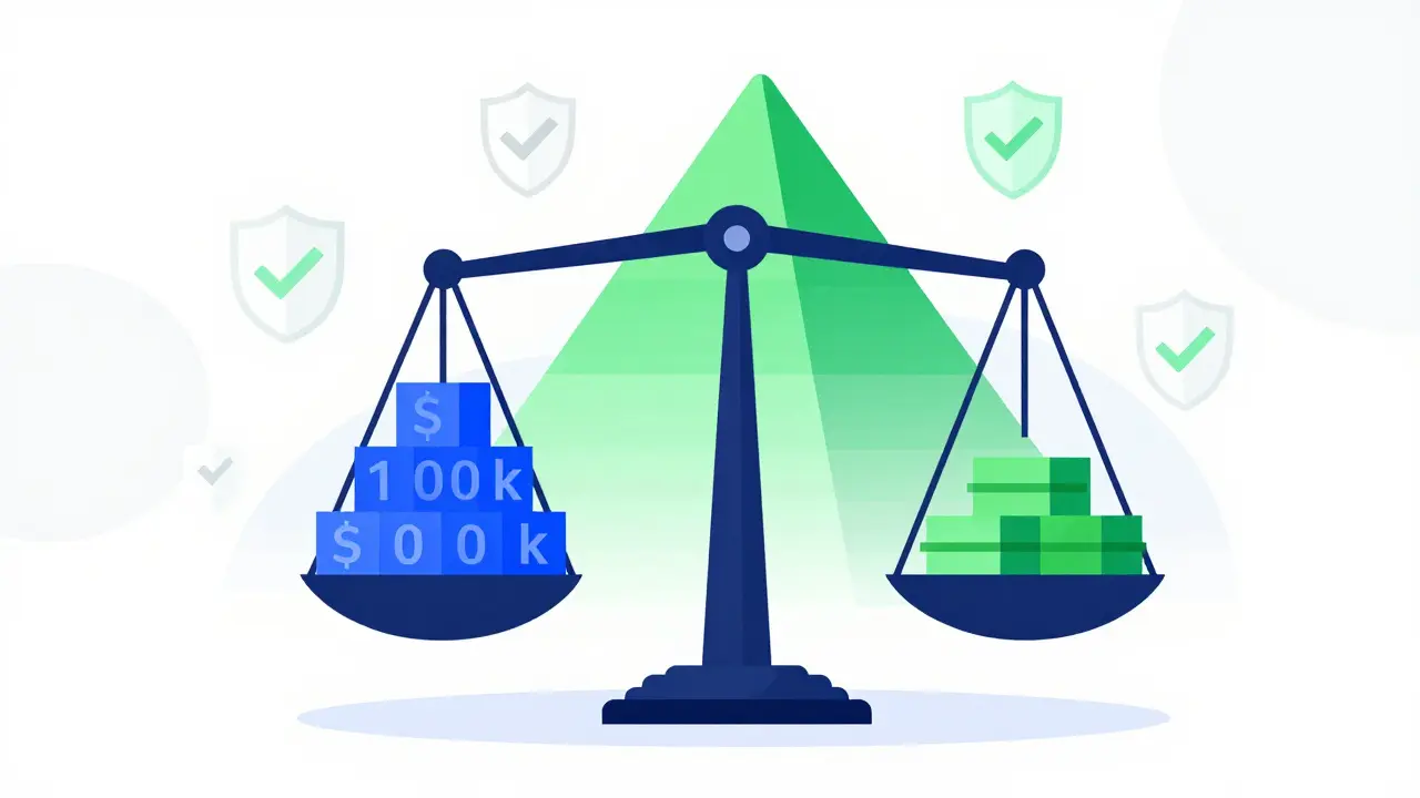 Geometric scale balancing legal fee blocks against a large green savings pyramid.