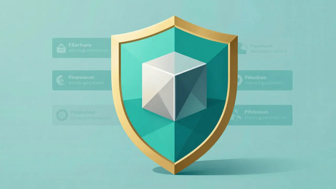 Geometric shield protecting a hardware wallet from invisible cyber threats in a safe environment.