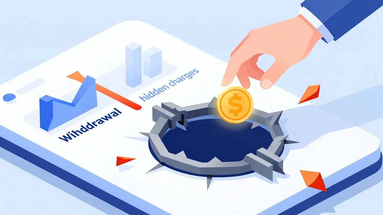 Geometric trapdoor opening under a digital coin, representing withdrawal scams