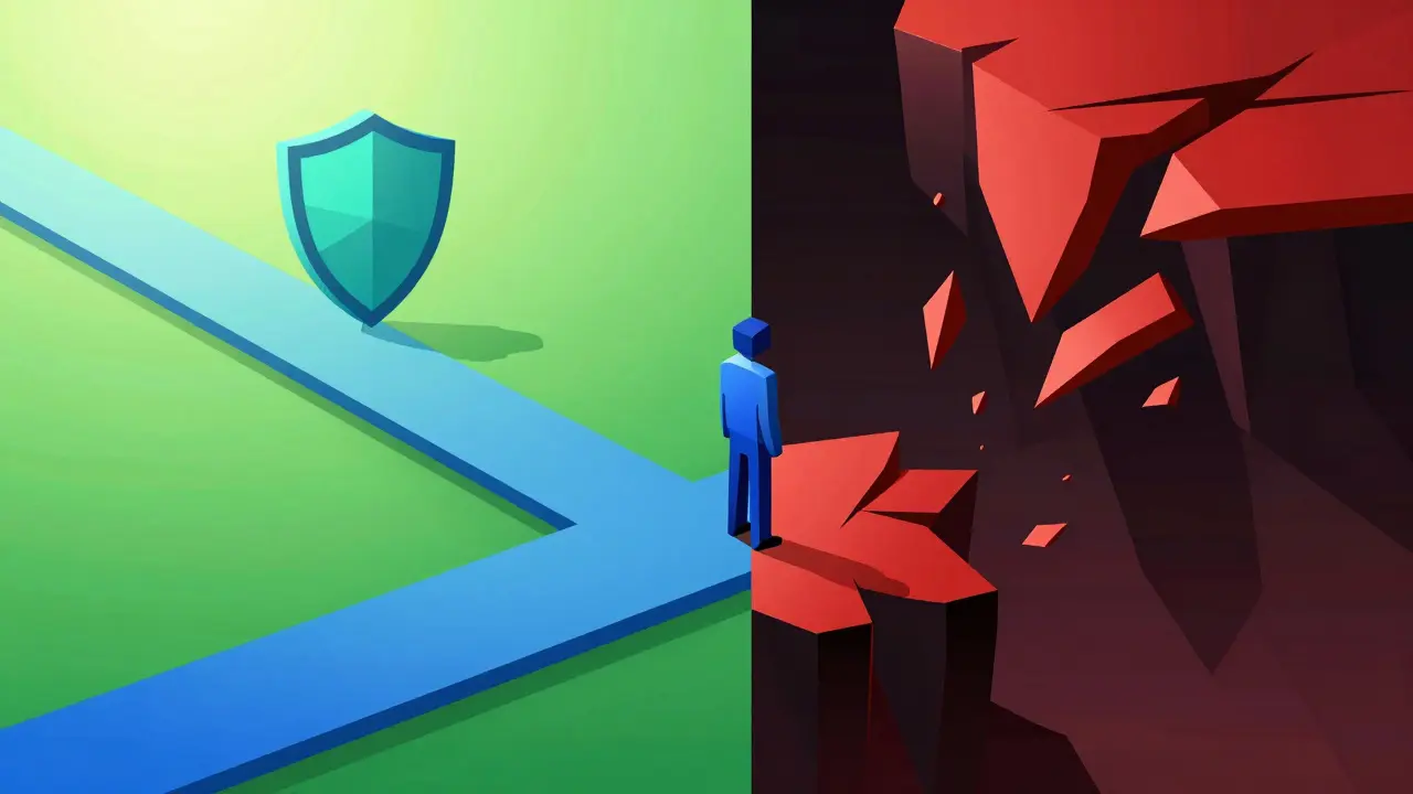 Illustration comparing a safe green path to a dangerous red cliff for crypto users.
