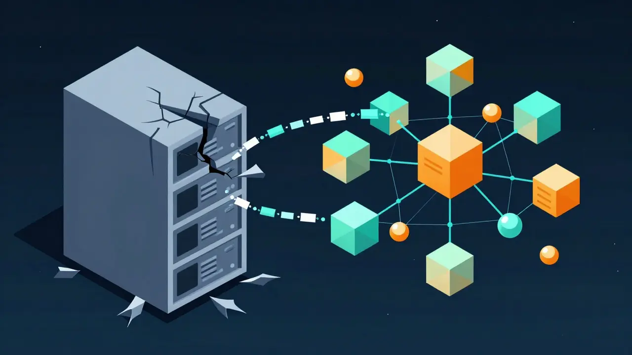 Illustration comparing fragile servers to decentralized storage