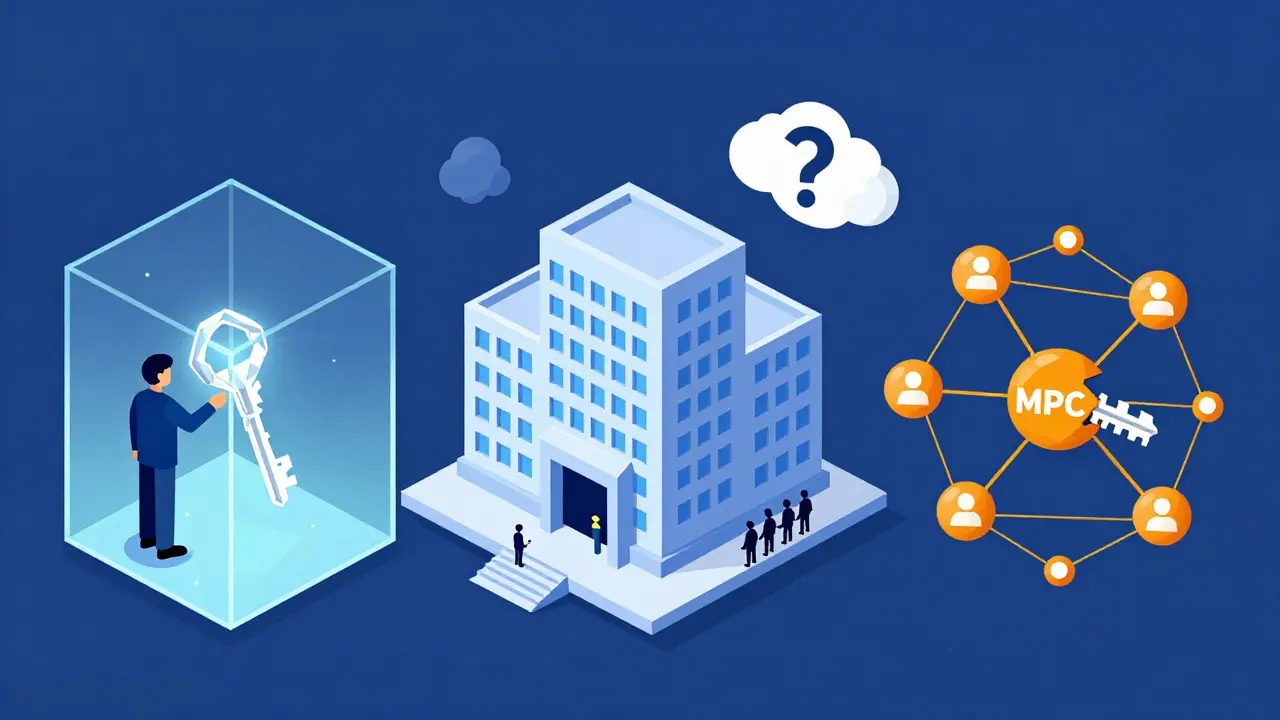 Illustration comparing self-custody, third-party, and MPC models using geometric shapes.