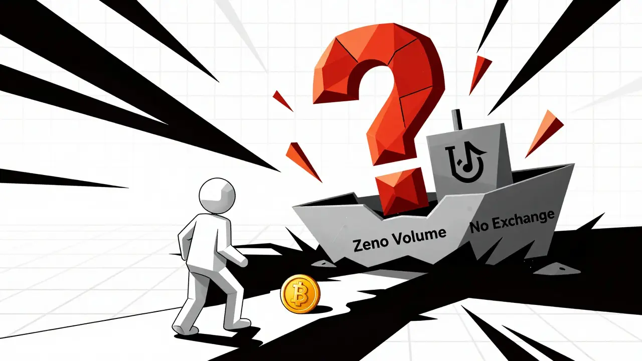 Illustration of a user facing red flag warnings like zero volume and phishing traps near a sinking crypto token.