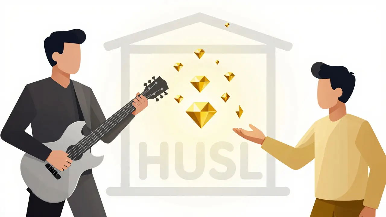 Illustration of direct transaction between artist and fan with flowing NFTs