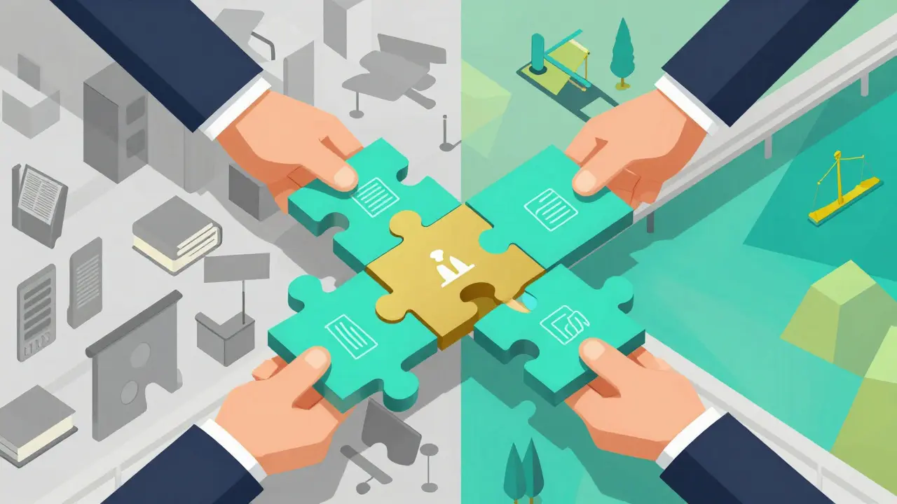 Illustration of professionals assembling a geometric puzzle bridge between countries.