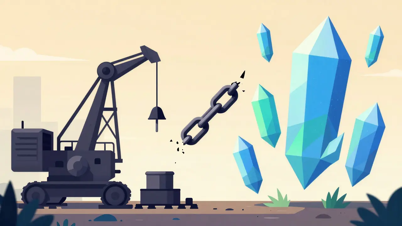 Illustration showing the shift from heavy mining machines to light, floating crypto crystals.