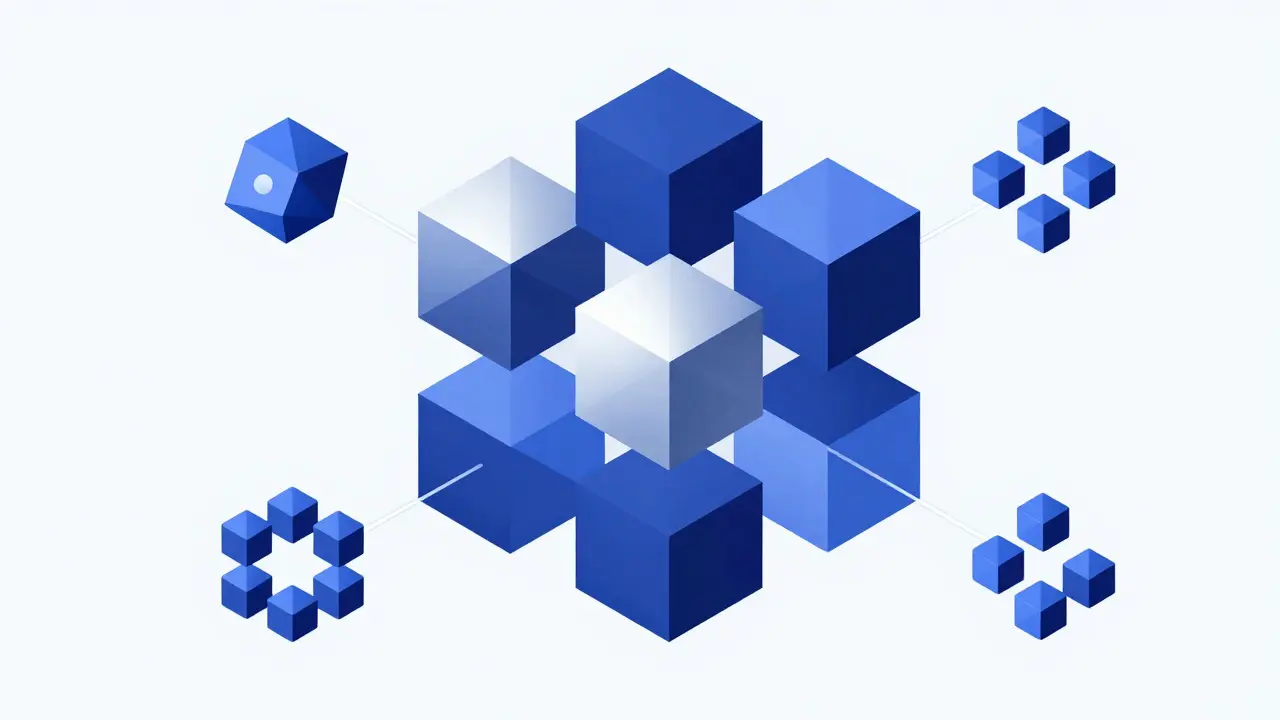 Interlocking blue polyhedra representing a decentralized finance ecosystem