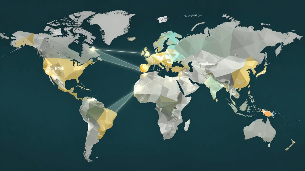 Low-poly world map with glowing paths illustrating cross-border crypto transfers