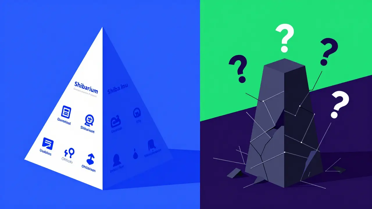 Minimalist illustration contrasting a solid legitimate crypto structure with a crumbling fraudulent one.