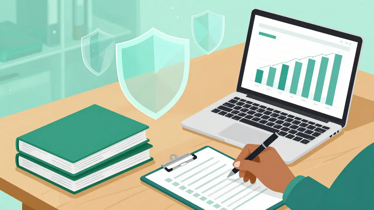 Organized desk with ledgers and data charts symbolizing tax compliance
