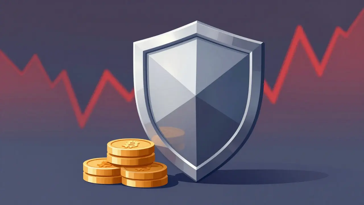 Shield-shaped geometric design protecting digital assets from abstract risks
