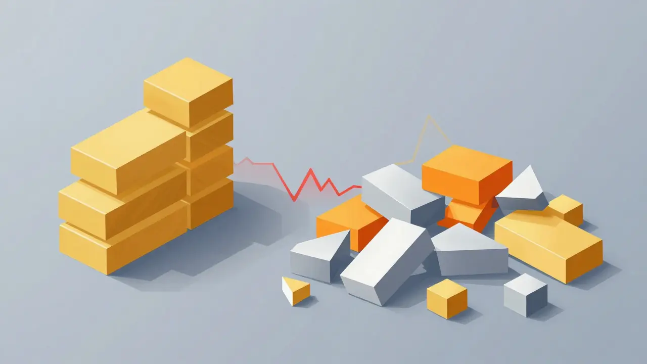 Split view showing scattered blocks representing asset loss