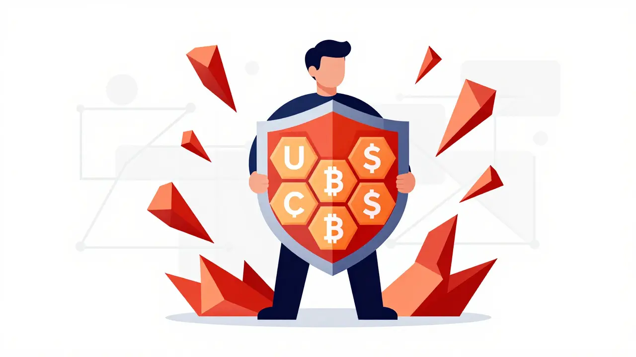 Stylized figure using digital shield to block jagged red inflation shapes