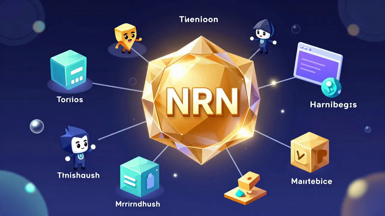 Stylized geometric illustration of NRN token connecting blockchain elements