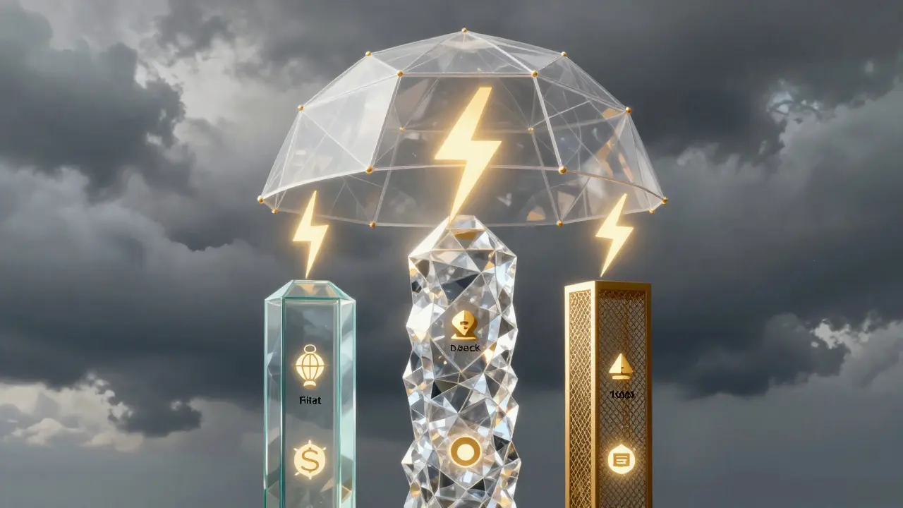 Three diverse geometric pillars under a protective dome, representing asset diversification.