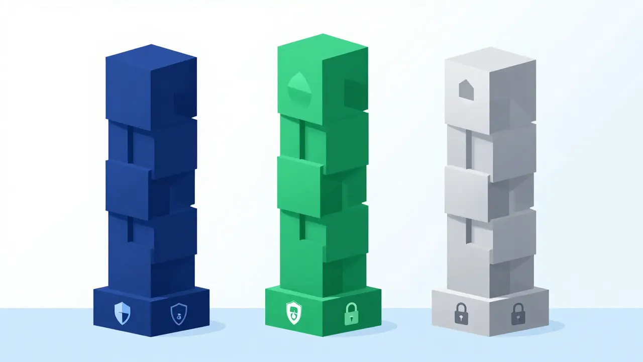 Three sturdy geometric pillars with shields, symbolizing safe crypto exchanges