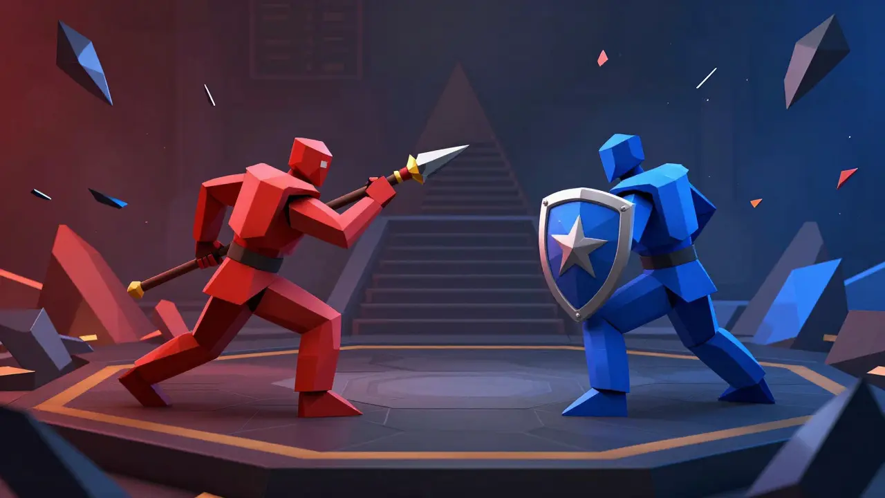 Two angular warriors battling on a hexagonal arena platform