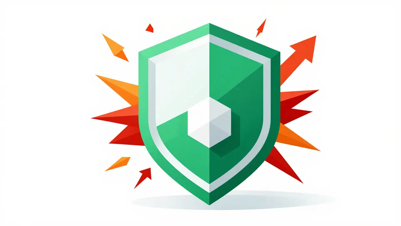 A strong geometric shield deflecting red scam arrows, representing secure crypto storage.