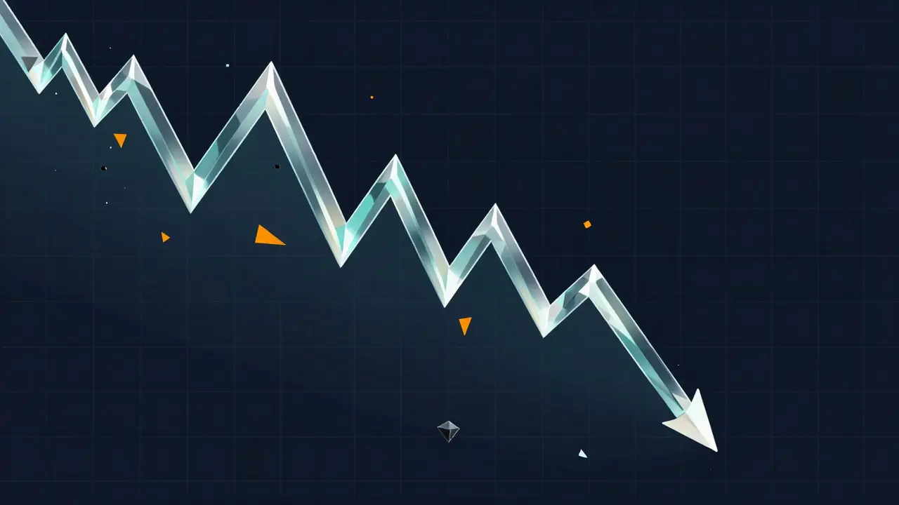 Abstract geometric art showing a crashing glass graph symbolizing crypto volatility