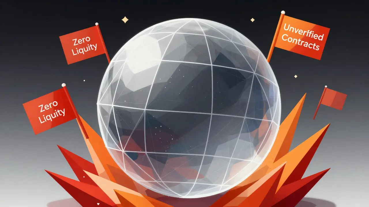 Abstract geometric art showing a hollow sphere representing zero circulating supply and red flag warnings.